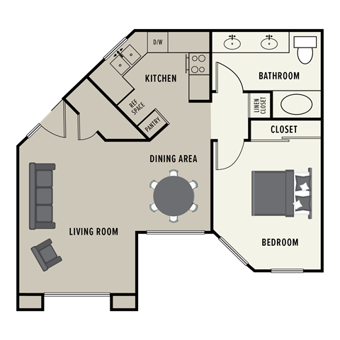 Floor plan for 1 bed, 1 bath, 709 sqft